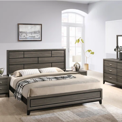 Rustic Cabin-Inspired 5-Piece Queen Bedroom Set with Carved Wood Panel Bed, Metal Hardware, and Dark Gray Brushed Finish