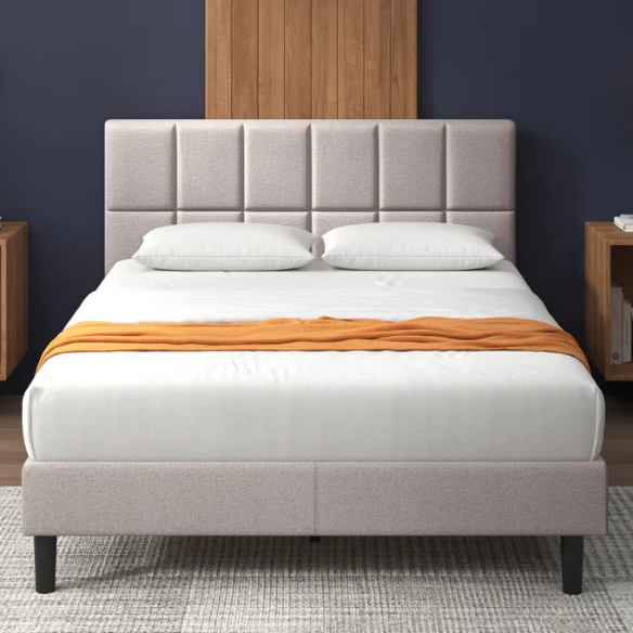 Modern King Size Upholstered Low Profile Platform Bed – Square-Tufted Headboard, Durable Steel Frame