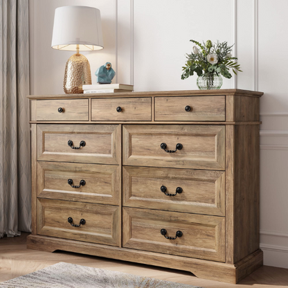 Rustic Modern 9-Drawer 53.5'' Double Dresser with Inset Paneling, Crown Molding, and Customizable Metal Handles