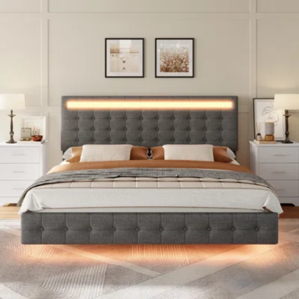 Queen Size LED Lit Platform Bed with Tufted Headboard – Modern and Stylish Design