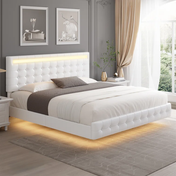 Queen Size LED Lit Platform Bed with Tufted Headboard – Modern and Stylish Design