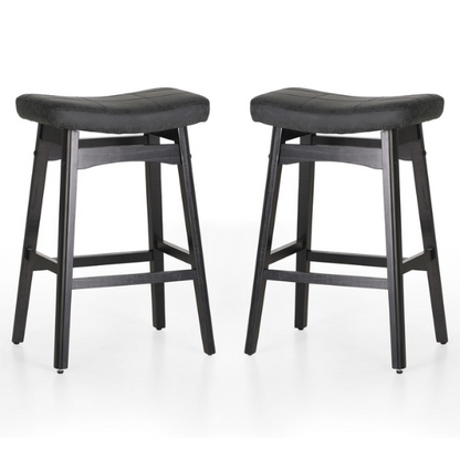 24-Inch Solid Wood Barstools with Linen/PU Leather Fabric Cushion – Set of 2 Backless Saddle Seat Counter Stools for Modern Living
