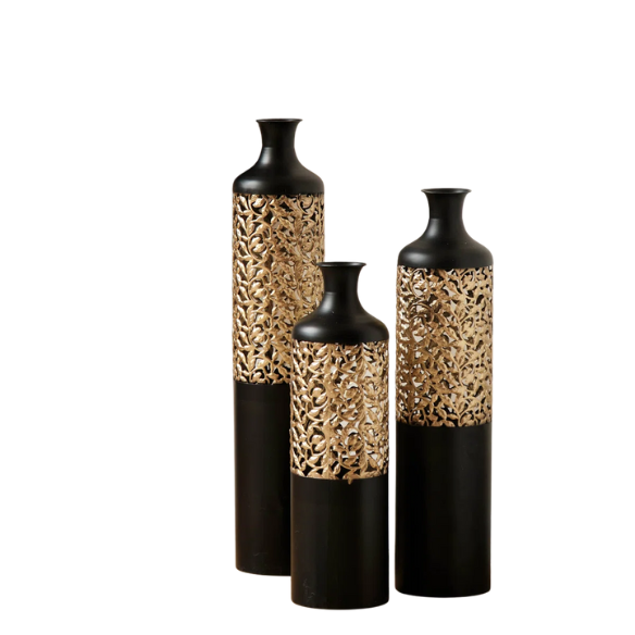 Elegant Matte Black Large Floor Vase Set (3-Piece) – Gold Baroque Vine Detailing, Metal Flower Vases for Sophisticated Home Décor