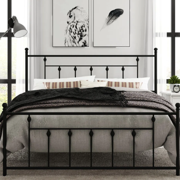 King Size Metal Open-Frame Platform Bed with Spindle Accents, Storage Footboard, and Slat Kit – No Box Spring Needed, Ideal for Farmhouse to French Country Styles