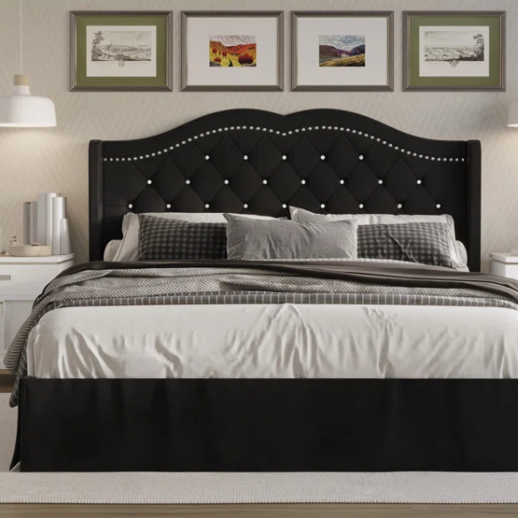 Luxurious King Size Upholstered Wingback Platform Bed with Velvet Fabric, Foam-Padded Camelback Headboard, Diamond Tufting, Nailhead Trim, and Included Bed Skirt for Hidden Storage