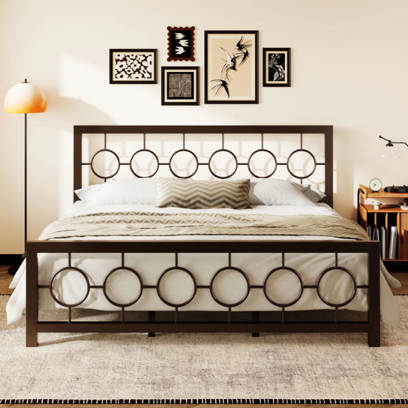Modern King Size Metal Open-Frame Platform Bed with Art Deco-Inspired Circle Medallion Details – Sleek, Clean-Lined Design with Sturdy Metal Frame and Minimalist Aesthetic