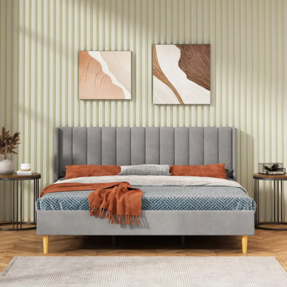 Luxury Corduroy Upholstered King Size Platform Bed Frame - Stylish Modern Wingback Design with Ultimate Comfort