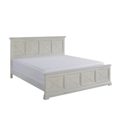 Farmhouse-Style 3-Piece X-Detail King Bed, Nightstand, and Chest Set with Weathered White Coating
