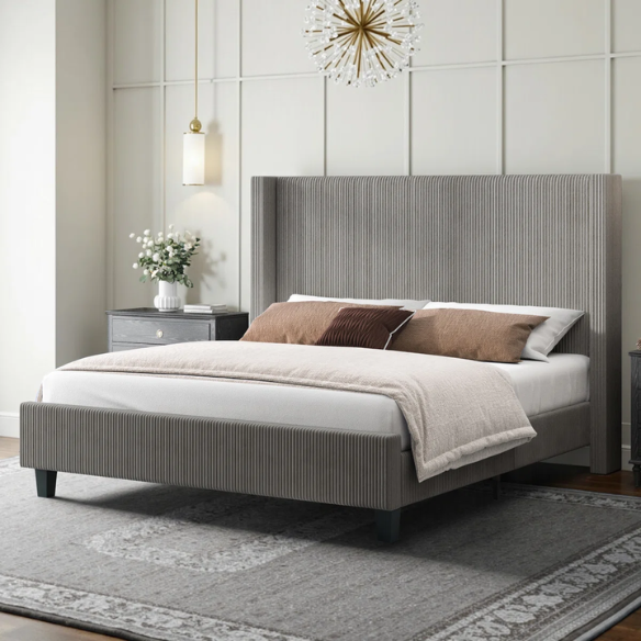 Queen Size Upholstered Bed with Soft Corduroy Fabric and Solid Wood Legs – Stylish and Comfortable Design