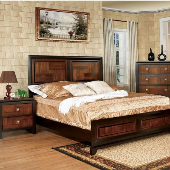 Elegant Sigh Rustic Walnut 3-Piece Queen Bedroom Set – Transitional Design with Solid Wood Construction, Chrome Accents, and Ample Storage