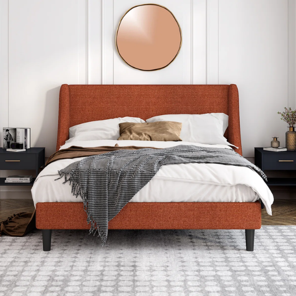 Modern Queen Size Upholstered Platform Bed with Deluxe Wingback and Linen Blend Fabric