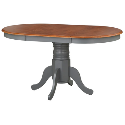 Farmhouse Solid Rubberwood Dining Table with 22-Inch Extension Leaf – Pedestal Base, Seats 6, Available in Oak, Matte Black, White/Natural, Grey/Walnut Finishes