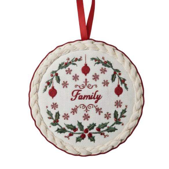 Family Holly Christmas Ornament with Braided Cream Border