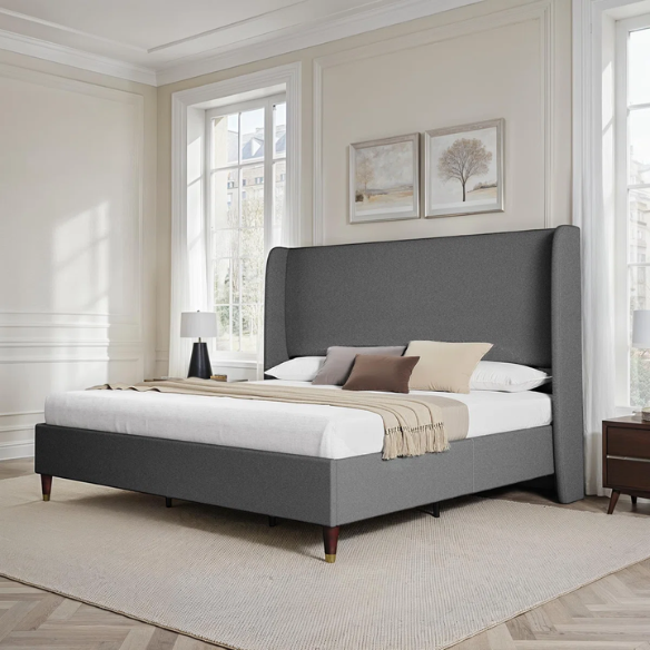 Queen Size Sleek and Minimalist Upholstered Platform Bed with Soft Linen Fabric – Elegant and Modern Design