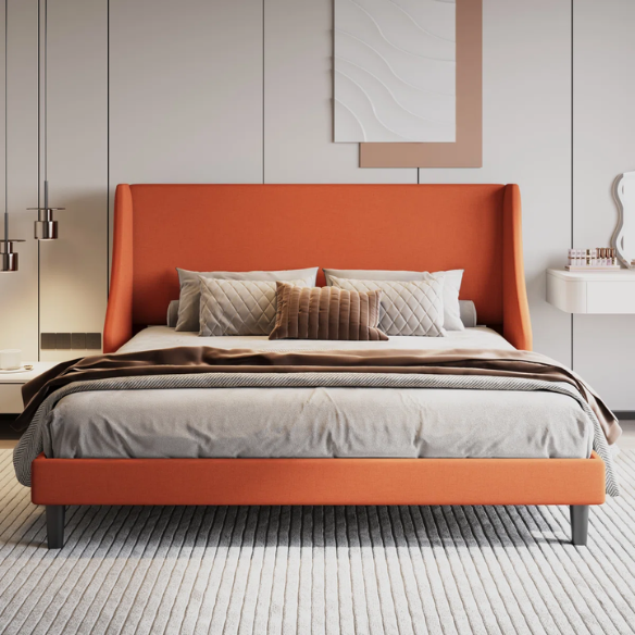 Luxurious King Size Upholstered Platform Bed with Deluxe Wingback Headboard – Soft Velvet and Linen Blend Upholstery, Sturdy Solid Wood Frame, and Modern Minimalist Design for Ultimate Comfort