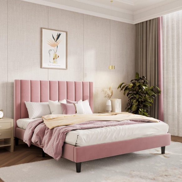 Luxurious Upholstered Platform Bed – Full/Double Size with Velvet Upholstery and Striped Headboard for Elegant Comfort