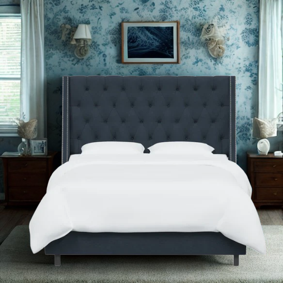 Chic Upholstered Wingback King Size Bed with Button Tufting and Nailhead Trim
