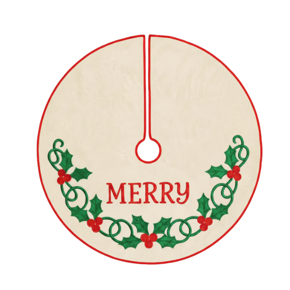 Embroidered Cream Christmas Tree Skirt with Holly Garland and Merry Message