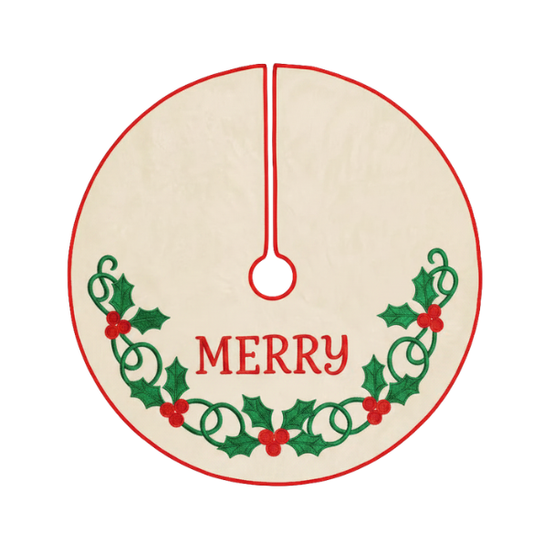Embroidered Cream Christmas Tree Skirt with Holly Garland and Merry Message