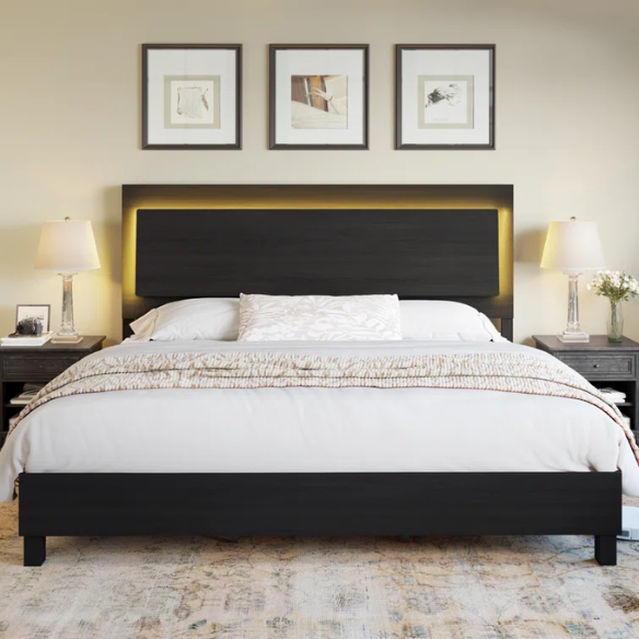 Modern King Size Wood Bed Frame with LED-Integrated Headboard & Adjustable Features for Ultimate Comfort