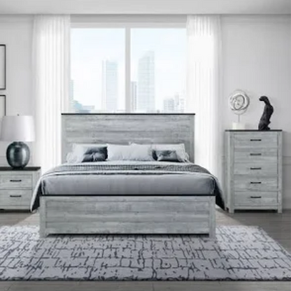 Rustic Grey Wash Queen 5-Piece Bedroom Set – Plank Design Bed, Dresser, Nightstand, and Chest with Black Accents and Durable Hardware