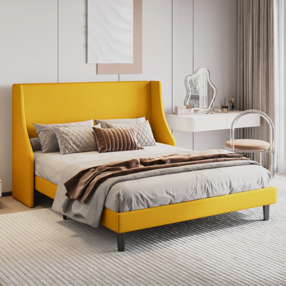 Modern Queen Size Upholstered Platform Bed with Deluxe Wingback and Linen Blend Fabric