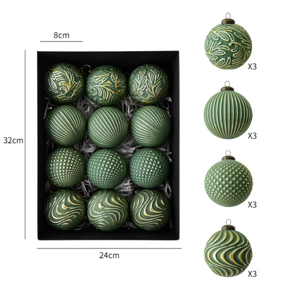 Green & Gold Embossed Christmas Ornaments – Elegant Textured Bauble Set (12 Pieces)