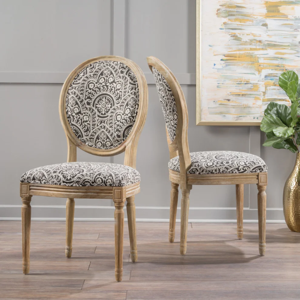 Set of 2 French Country Upholstered Dining Chairs with Natural Wood Legs and Round Back – Elegant Vintage Accent Seating