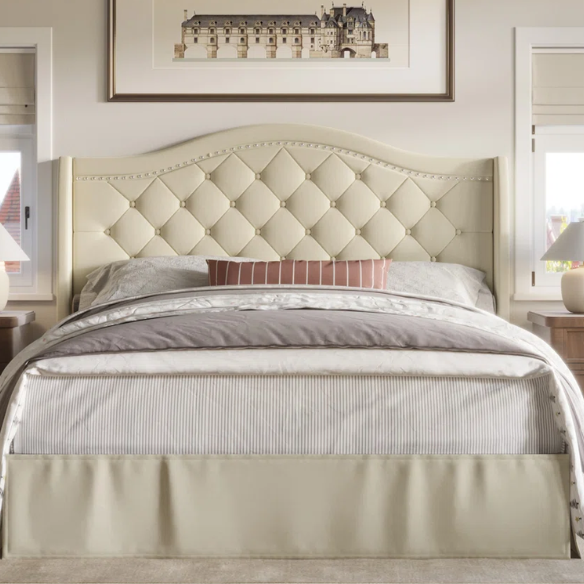 Elegant Upholstered Wingback Bed – Full/Double Size with Soft Polyester Fabric & Classic, Sophisticated Design