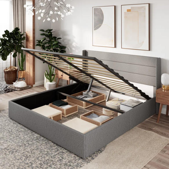Modern King Size Upholstered Platform Bed with Hydraulic Lift Storage – Sleek Grooved Headboard, Space-Saving Design, and No Box Spring Needed