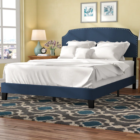 King Size Upholstered Standard Bed with Scooped Corner Headboard, Nailhead Trim, and Extra Support Feet – Classic Design with Adjustable Base Compatibility