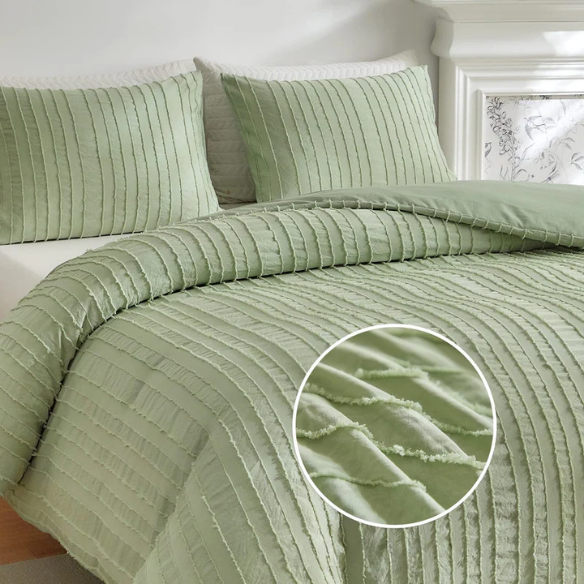 Luxurious Tufted Duvet Cover Set – Queen Size | Striped Textured Boho Bedding | Ultra-Soft Washed Microfiber | 3-Piece Set