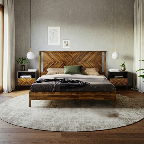 Solid Wood Platform King Size Bed with Headboard – Rustic Wood Frame with Steel Reinforcement for Ultimate Stability and Comfort