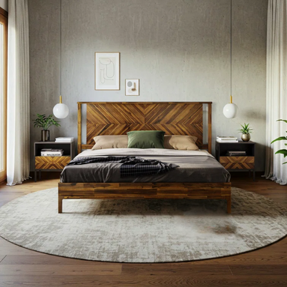 Solid Wood Platform King Size Bed with Headboard – Rustic Wood Frame with Steel Reinforcement for Ultimate Stability and Comfort