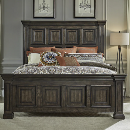 4-Piece Panel Bed, Dresser, Mirror & Nightstand Set with Antique Pewter Accents and Charging Station – Distressed Whitestone Finish, Rubberwood Solids, and Architectural Det