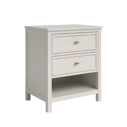 2-Drawer Nightstand – Traditional Solid Wood Frame with Inset Paneling, Neutral Finish, Gold Coastal-Inspired Drawer Pulls, Clean Lines & Spacious Surface for Bedroom Essentials