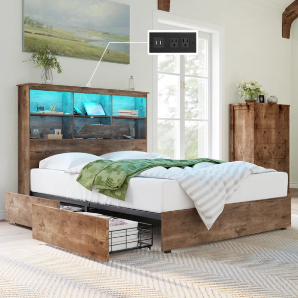Innovative LED Bookcase Bed – Full/Double Size with Built-In Storage, Sleek Design, and LED Lighting for Modern Living