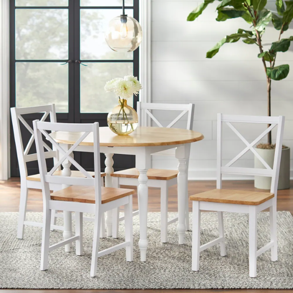 5-Piece Dining Set – Two-Tone Round Table with Drop Leaves & Cross-Back Chairs