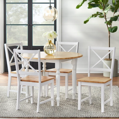 5-Piece Dining Set – Two-Tone Round Table with Drop Leaves & Cross-Back Chairs