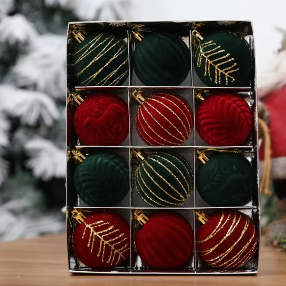 Red & Green Velvet-Flocked Christmas Ornaments – Luxurious Shatterproof Holiday Set (12 Pieces)