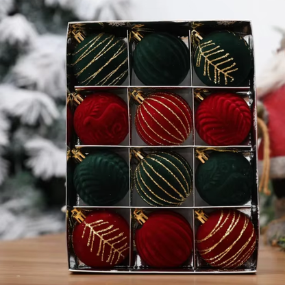 Red & Green Velvet-Flocked Christmas Ornaments – Luxurious Shatterproof Holiday Set (12 Pieces)