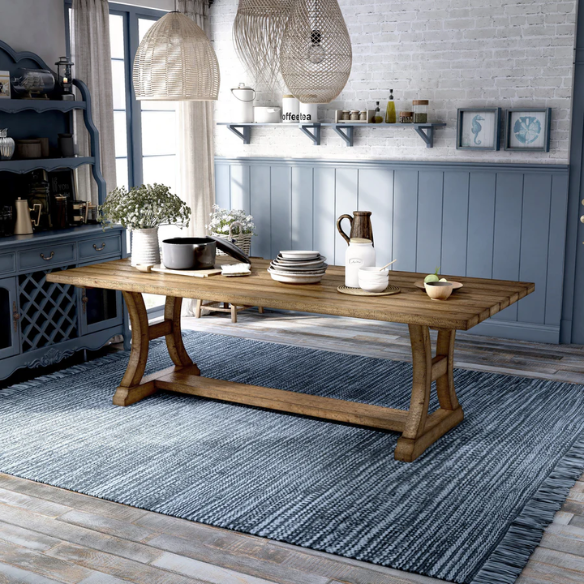 Rustic Pine Solid Wood Dining Table – Farmhouse-Style with Trestle Base, C-Shaped Legs & Planked Top