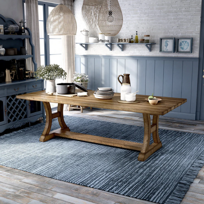 Rustic Pine Solid Wood Dining Table – Farmhouse-Style with Trestle Base, C-Shaped Legs & Planked Top