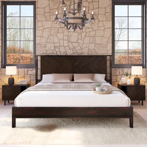 Solid Wood Platform King Size Bed with Headboard – Rustic Wood Frame with Steel Reinforcement for Ultimate Stability and Comfort