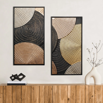 Modern Abstract Metal Wall Art (Set of 2) – Elegant Iron Sculpture with Textured Discs in Gold, Black, Rose Gold, and Gray for Bold, Contemporary Home Decor