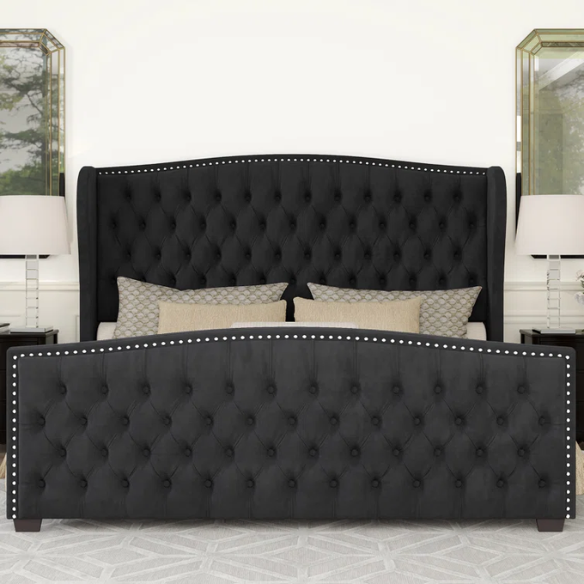 Velvet Queen Size Bed with Button Tufted Upholstery, Nailhead Trim, and Wingback Headboard