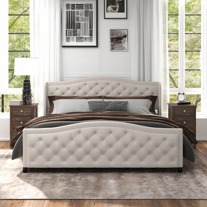 Luxurious King Size Velvet Upholstered Platform Bed with Tufted Camelback Headboard, Nailhead Trim, and 4 Built-In Storage Drawers – Stylish and Functional Bedroom Upgrade