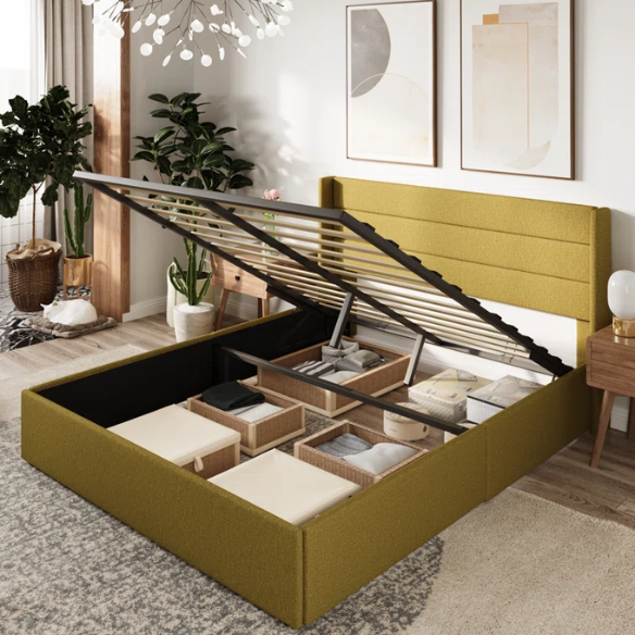 Luxurious Linen Upholstered Hydraulic Lift-Up Storage Platform Bed – Full/Double Size with Sleek Design & Maximized Space