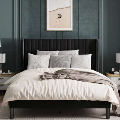 King Size Upholstered Platform Bed with Wingback Headboard – Simple, Elegant Design, Sturdy Wooden Slats, No Box Spring Needed for a Luxurious Sleep Experience
