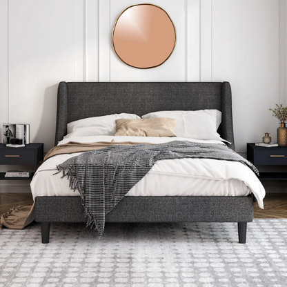 Modern Queen Size Upholstered Platform Bed with Deluxe Wingback and Linen Blend Fabric